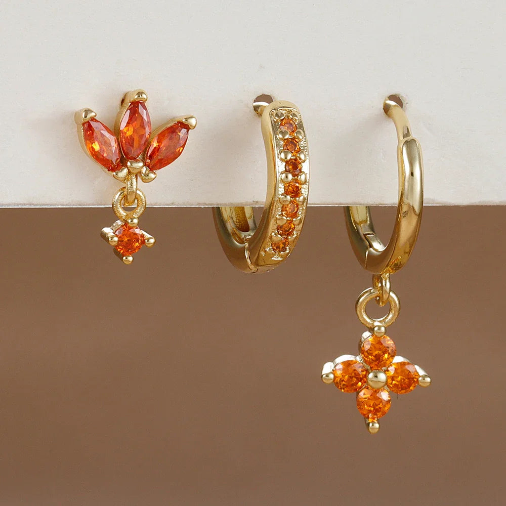 3PCS Fashion Orange Blue Zircon Hanging Earrings Set for Women Stainless Steel Flower Dangle Earring Piercing Jewelry