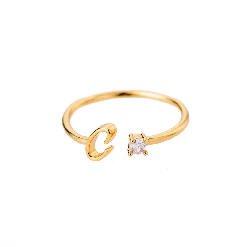 Zircon Tiny Initial Letter Rings For Women Stainless Steel A-Z Letters Adjustable Ring Female Christmas Aesthetic Jewelry Gift