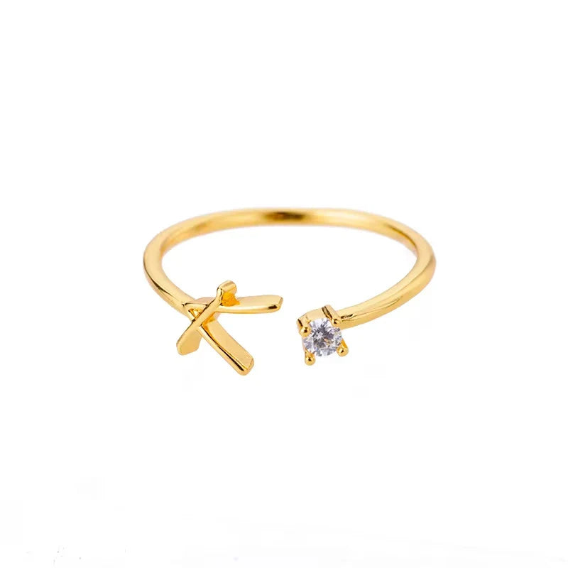 Zircon Initial Letter Ring for Women Stainless Steel Gold Color Alphabet Open Ring Trendy Wedding Birthday Aesthetic Jewelry