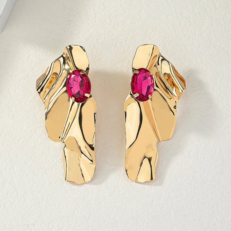 Obega Geometric Fuchsia Stone Earrings  Warm Gold Color Flower Shape Women Earring Stud Party Beach Jewelry For Girls
