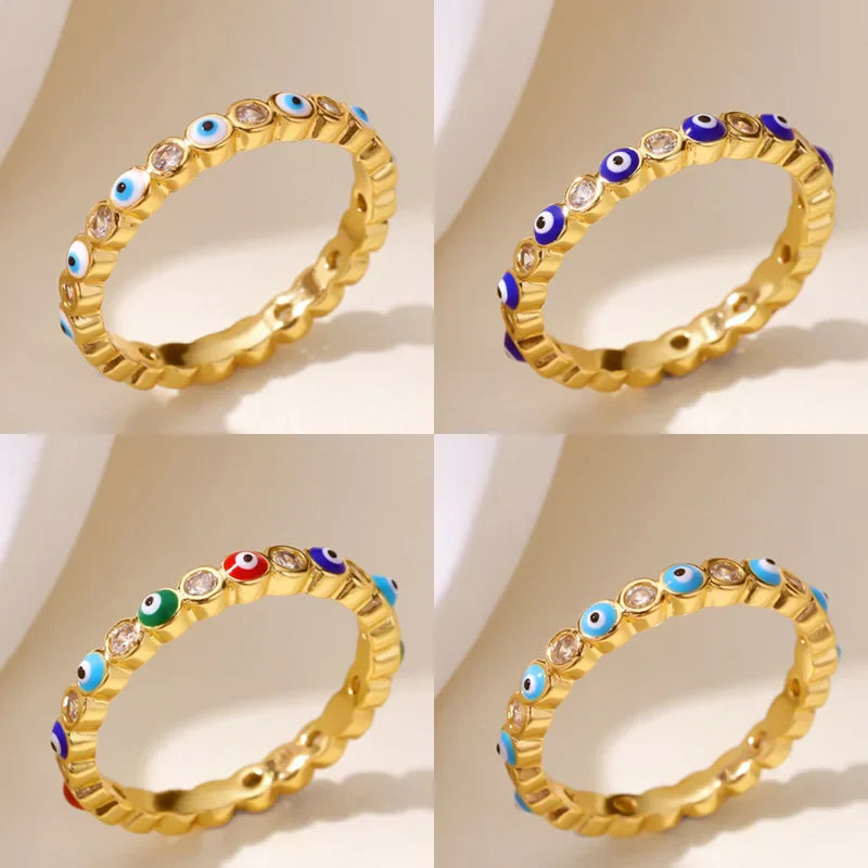 Zircon Evil Eye Rings For Women Gold Color Stainless Steel Evil Eye Finger Ring Lucky Aesthetic Turkish Waterproof Jewelry Gift