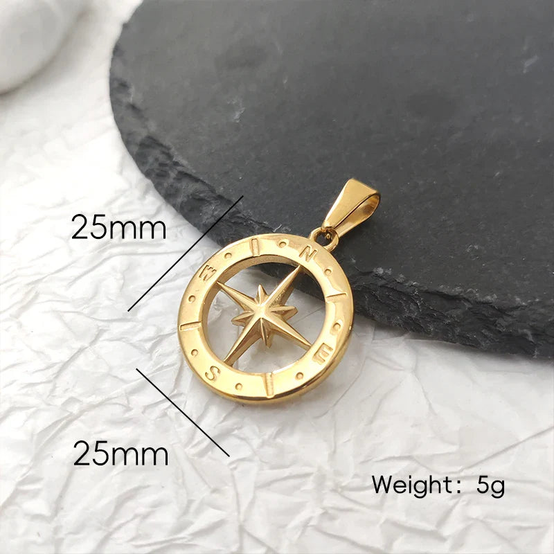 Hip Hop Men 18K Gold Plated Stainless Steel Compass Pendant North Star Charm Necklace Waterproof Jewelry For Men Gift