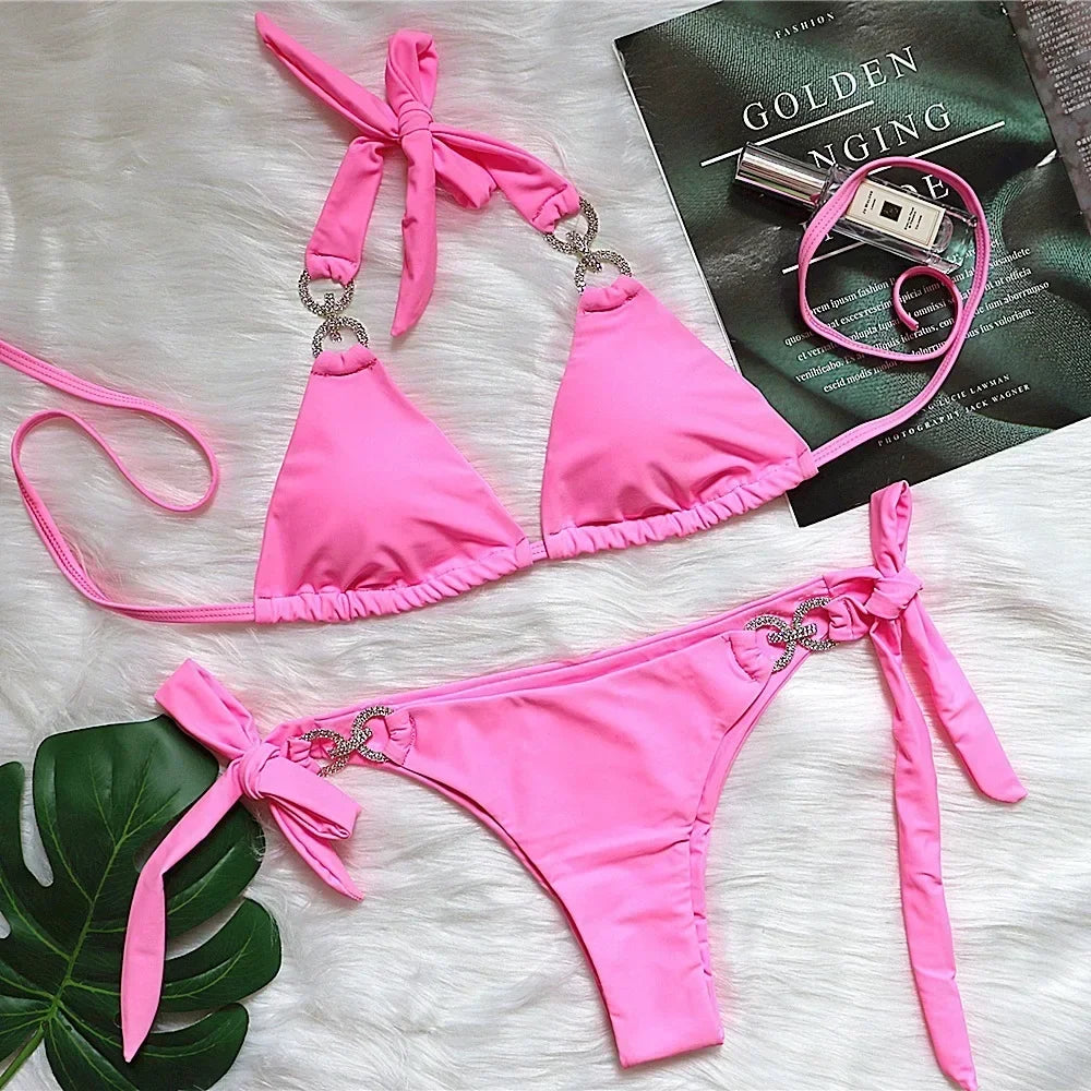 7 Colors New Sexy Bikini Set Swimwear Swimsuit Women Push Up Shiny Crystal Diamond Straps Bathing Suit Brasileno Banadores Mujer