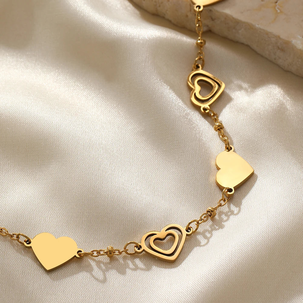 Stainless Steel Bracelets Fresh Double Heart Design Openwork Carving Noble Bracelets For Women Jewelry  Luxuries Banquet Gifts