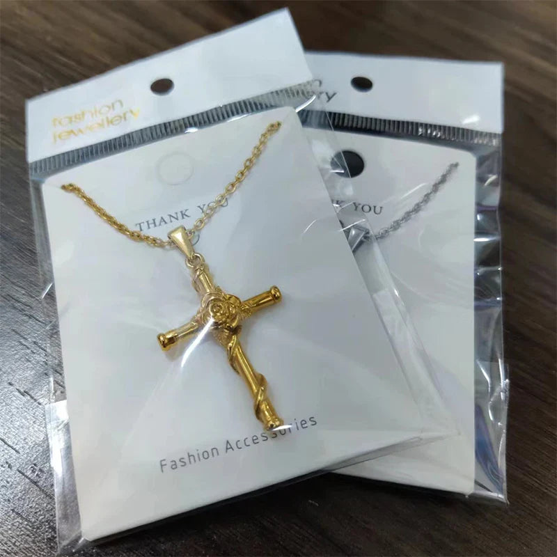Waterproof Vintage 18k Gold Plated Stainless Steel Charm Rose Cross Pendant Necklace For Men Women Jewelry Gift