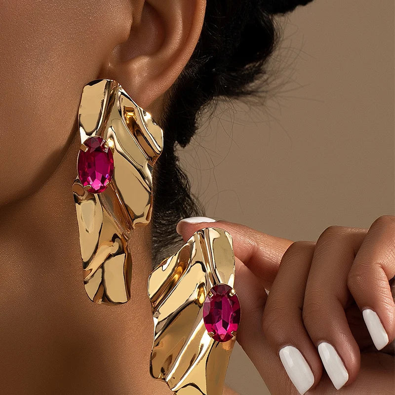 Obega Geometric Fuchsia Stone Earrings  Warm Gold Color Flower Shape Women Earring Stud Party Beach Jewelry For Girls