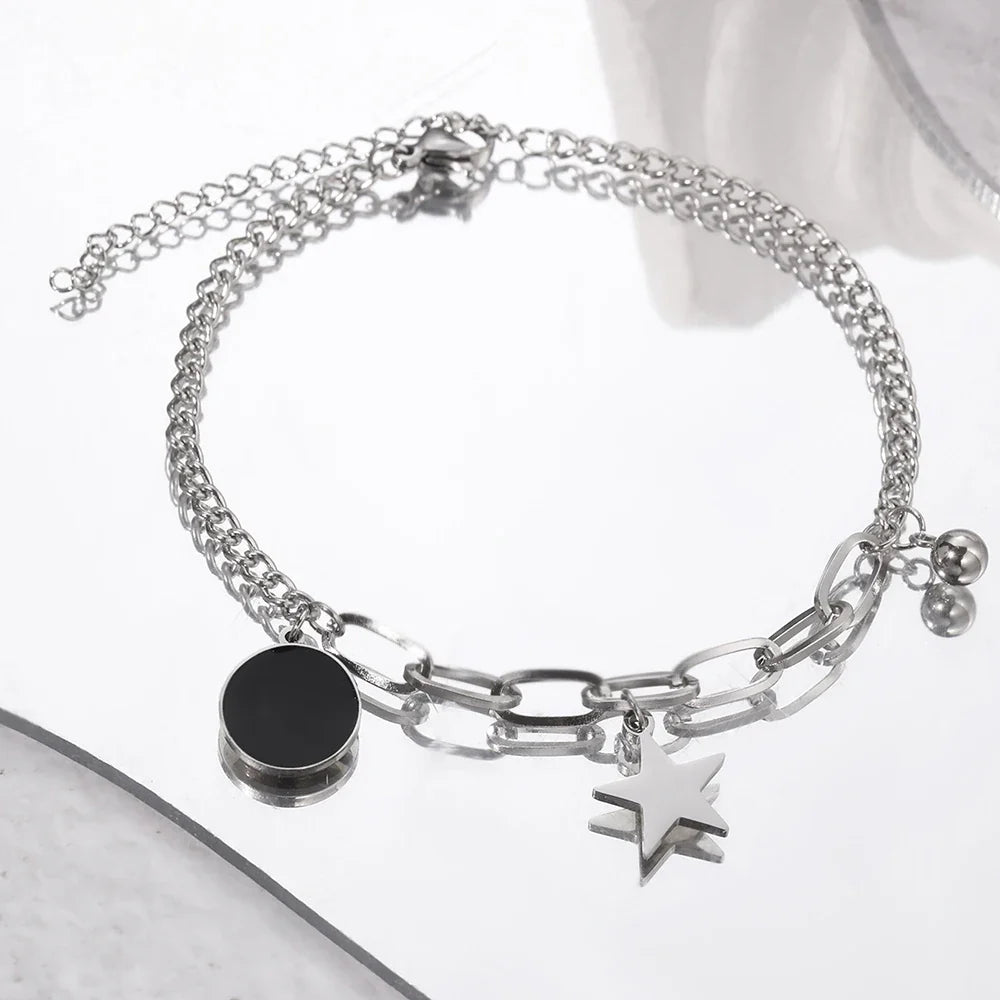 Stainless Steel Bracelets Retro Star Pendant Paperclip Chain Black Light Luxury Bracelet For Women Jewelry Holidays Banquet Gift