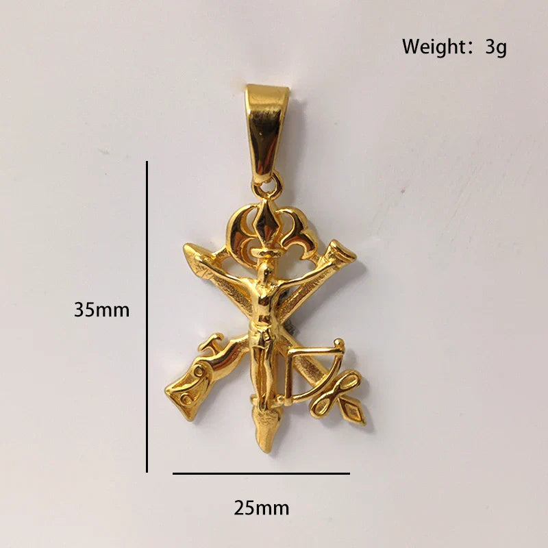 Men's Jesus Cross Necklace 18K Gold Plated Stainless Steel Christian Gun Arrow Pendant Religious Jewelry Gift
