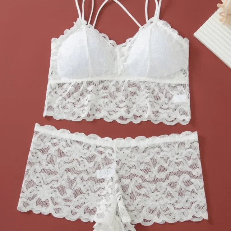 Women Lace Bra Set Bralette Low Rise Panties Nonwire Padded Bra Solid Color Underwear Set Female Sexy Lingerie Comfort Intimates