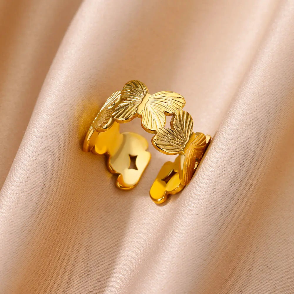 Stainless Steel Flower Rings for Women Gold Color Shell Starfish Multi Layer Hollow Out Ring Fashion Charm Jewelry Wedding Gifts