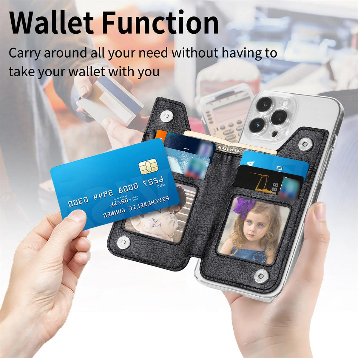 Phone Case Card Holder With Fiber Pattern PU Leather Back Sticker Card Bag Zipper Wallet Universal Desktop Support Bracket