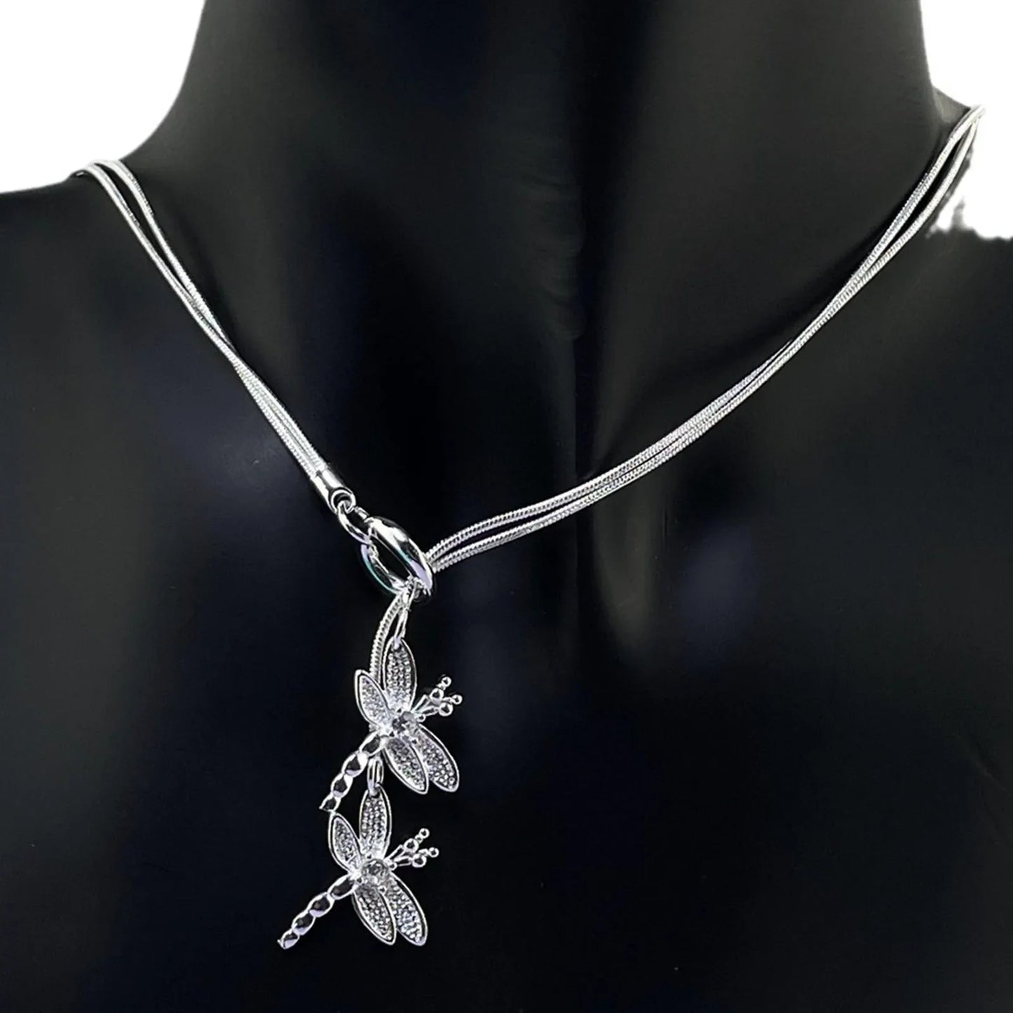 925 Sterling Silver Two Dragonfly Pendant Necklace For Women Snake Chain Necklace Wedding Engagement Jewelry