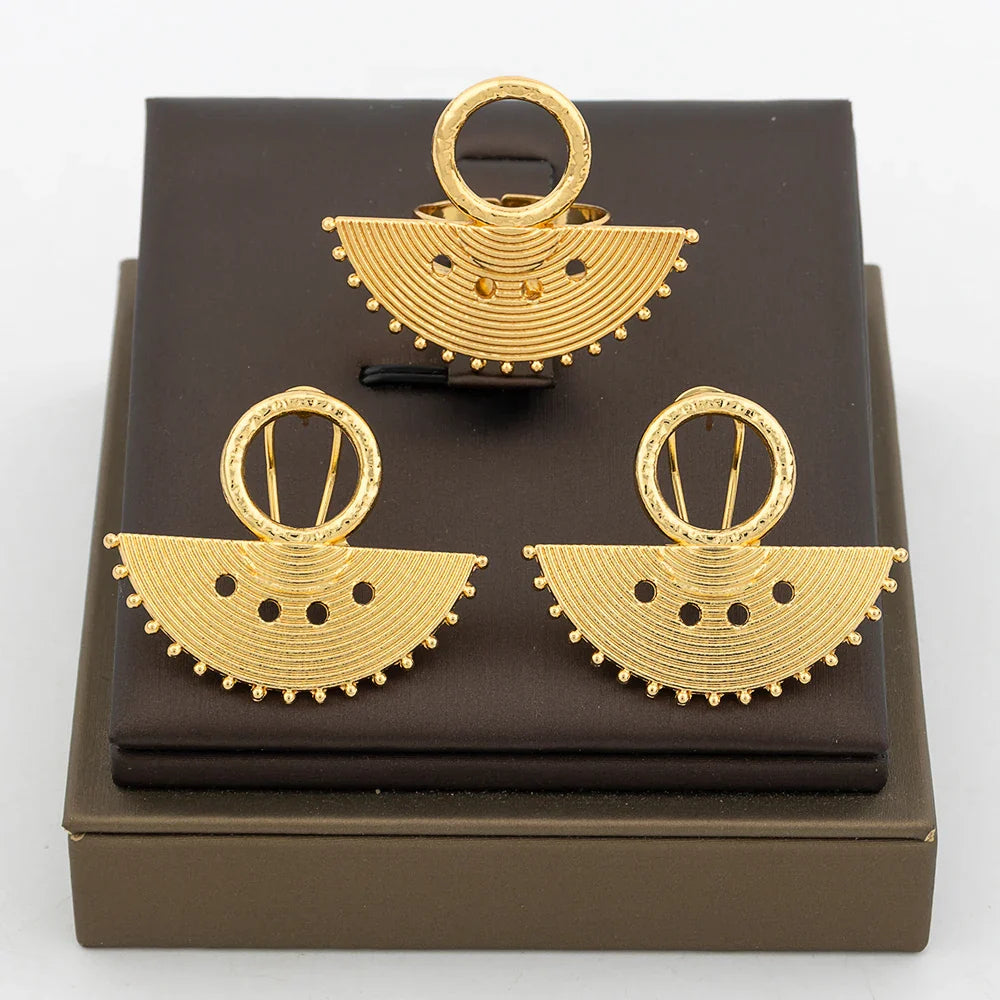 Fashion Earrings Jewelry for Women 18k Gold Plated Clip Earrings and Finger Ring Party Gift for African Dubai Copper Jewelry Set