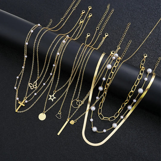 11 Pcs Simple Pearl Choker Necklaces Set for Women Fashion Layered Chain Star Cross Heart Pendant Charms Necklace Jewelry Gifts