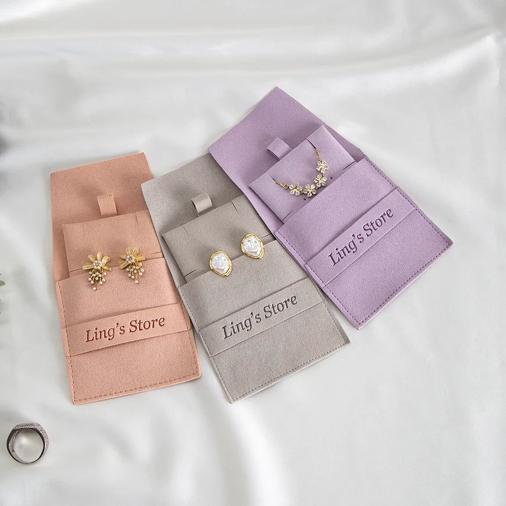 20/50/100pcs Personalized Logo Jewelry Microfiber Strip 8x8cm Bag Insert With 6x6cm Pad Card For Earrings Studs Necklace Pendant