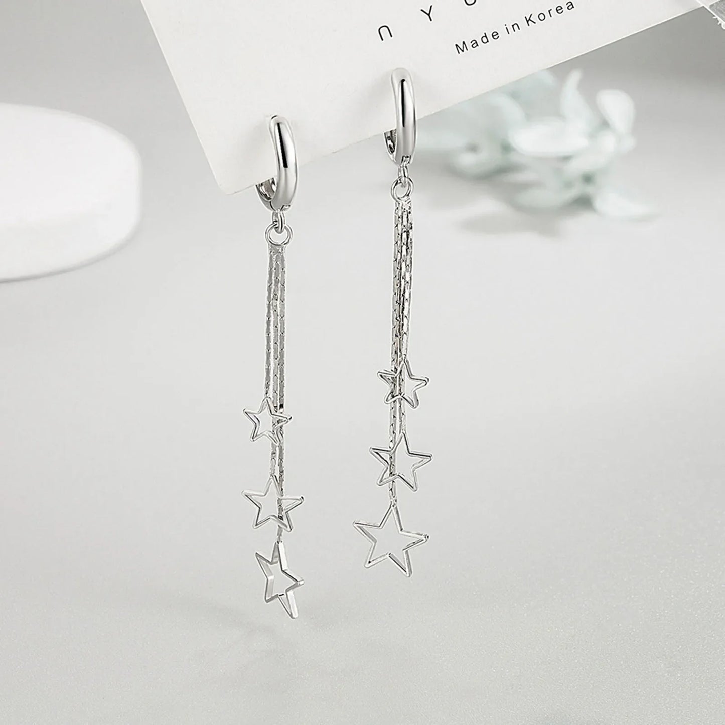 Elegant Popular Three Stars Hoop Earrings For Women 925 Sterling Silver Party Jewelry Beautiful Long Tassel EarringElegant