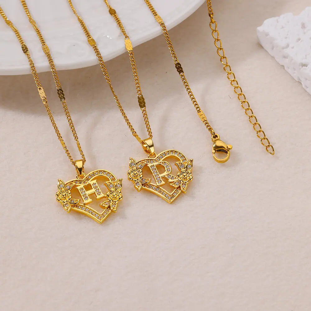 Zircon Flower Initials Necklaces For Women Stainless Steel Heart Gold Color Letter Chain Collar 2025 New Trend Wedding Jewelry