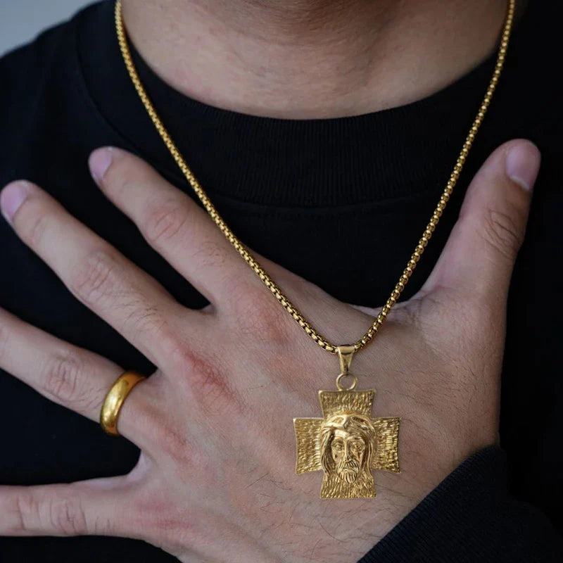 18K Gold Plated Jesus Face Cross Pendant Necklace Religious Charm for Men Women Faith-Inspired Jewelry Christian Gift