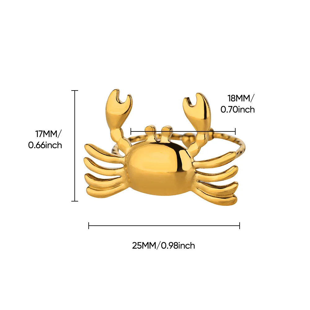 Stainless Steel Crab Rings for Women Gold Color Cute Animal Open Adjustable Ring Aesthetic Fashion Waterproof Jewelry Gift