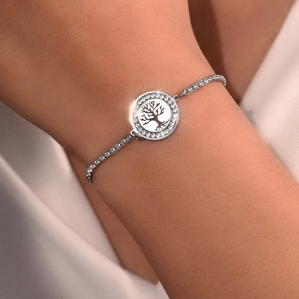 DOTIFI Stainless Steel Bracelets Exquisite Tree of Life Crystal Pendant Chain Trendy Bracelet For Women Jewelry Non-fading