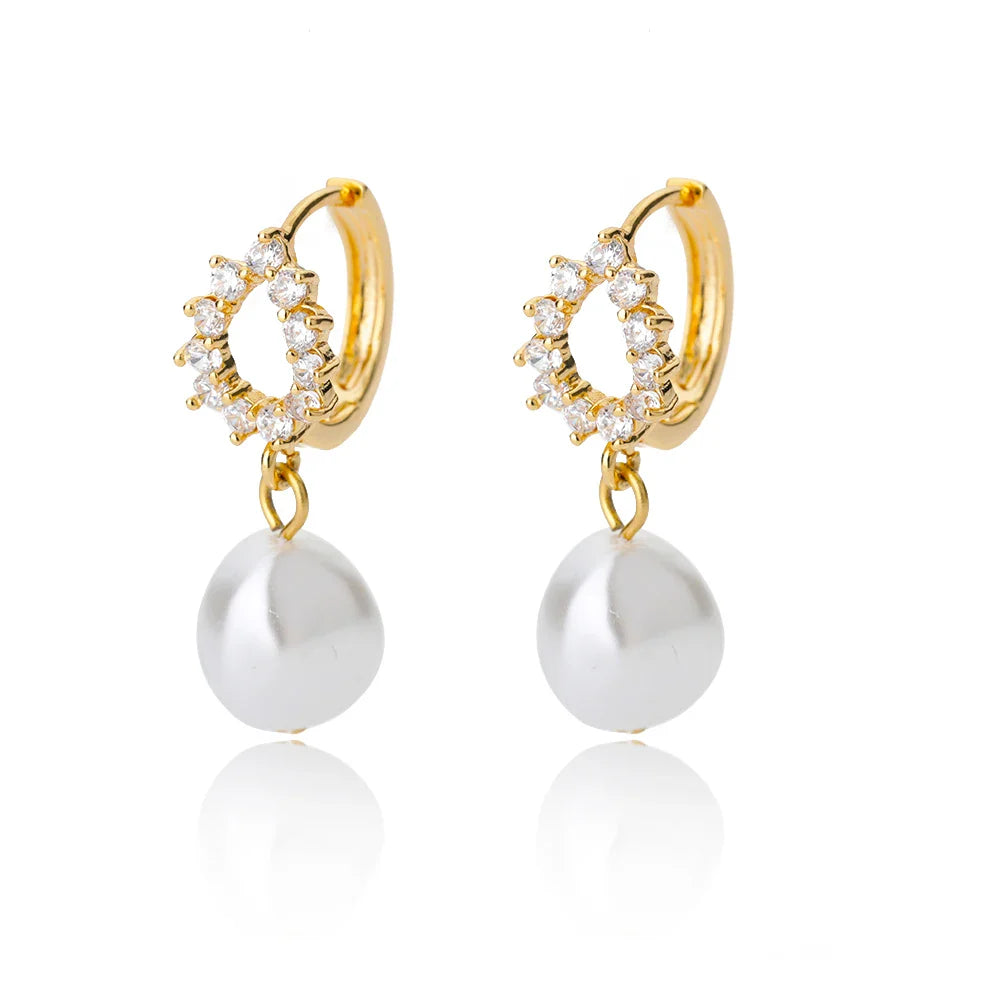 Zircon Natural Pearl Earrings For Women Gold Plated Stainless Steel Geometric Hoop Pearl Earring Wedding Bridesmaid Jewelry Gift