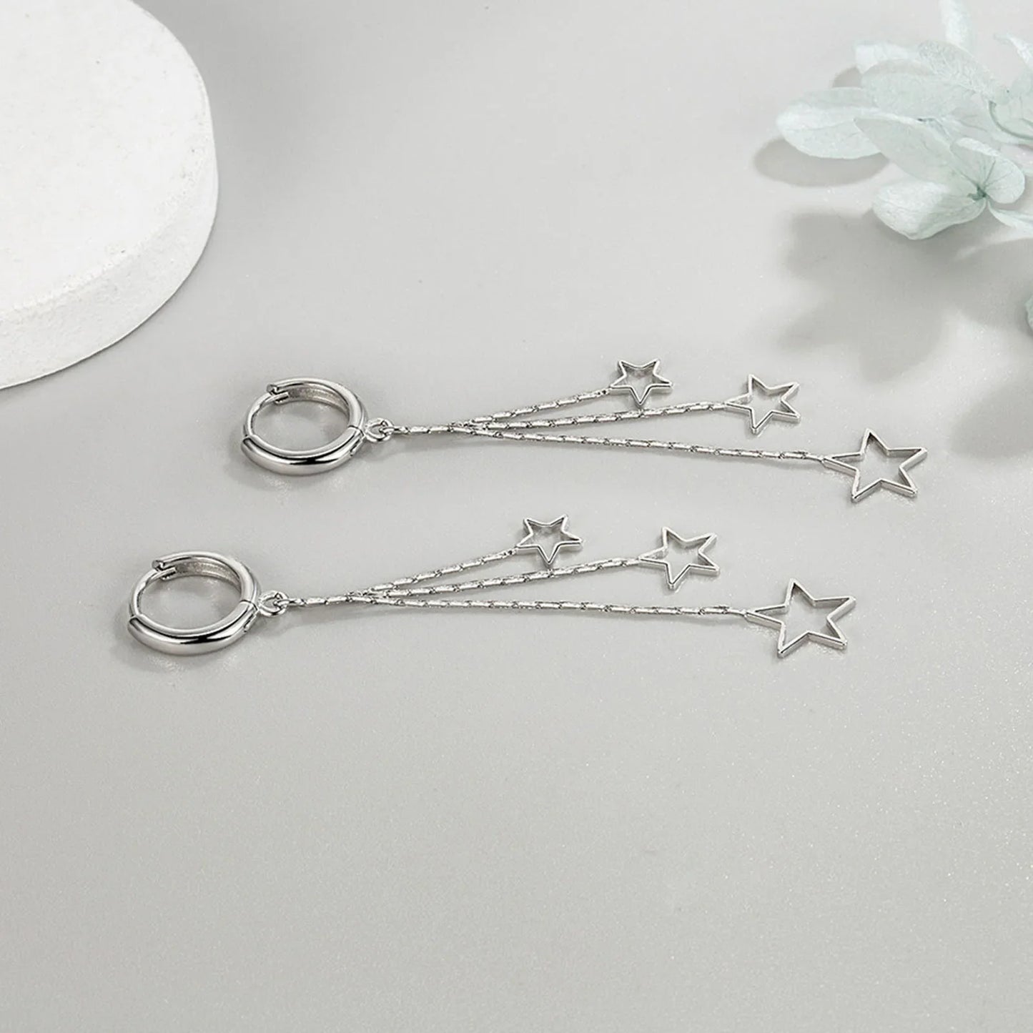 Elegant Popular Three Stars Hoop Earrings For Women 925 Sterling Silver Party Jewelry Beautiful Long Tassel EarringElegant