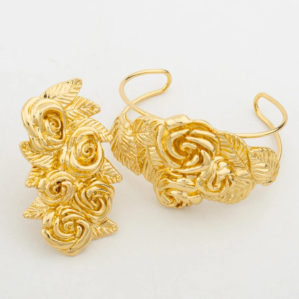 African Fashion Flower Jewelry Set for Women Luxury Gold Color India Big Hig Quality Earrring Necklace Bangle Ring Bride  Gif