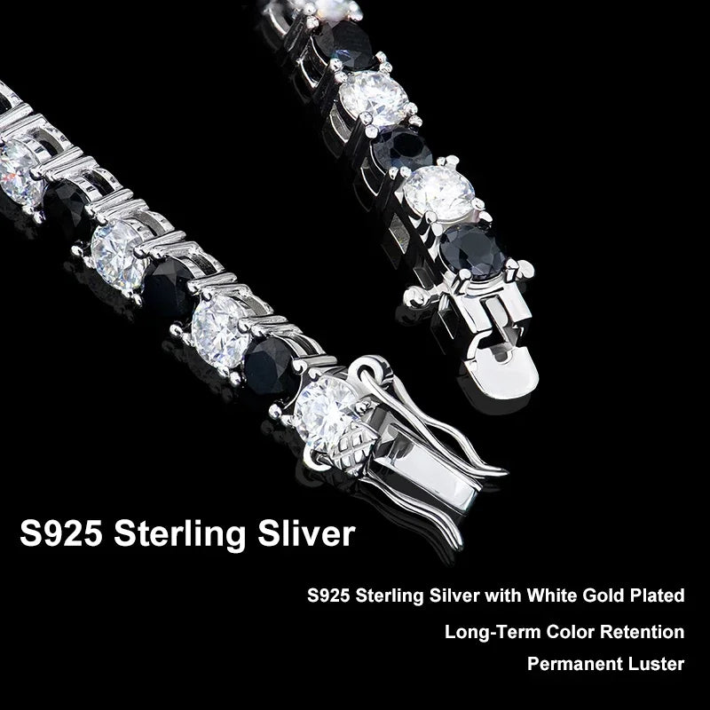 NeeTim Black and White All Moissanite Tennis Bracelets for Women Man s925 Sterling Silver Plated White Gold Hip Hop Bracelet