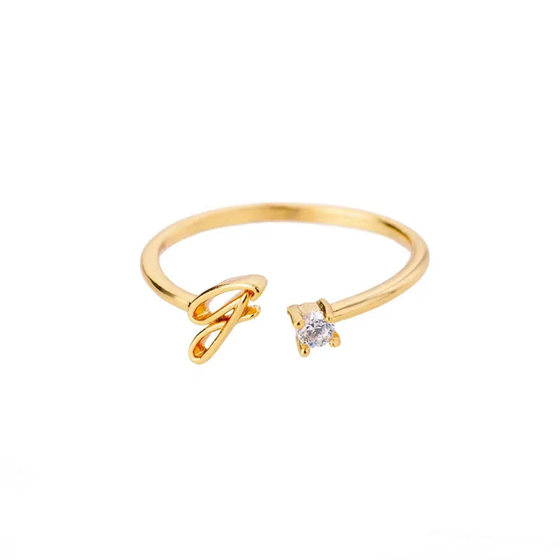 A-Z Initial Letter Open Rings for Women Stainless Steel Gold Color Zircon Adjustable Ring Trendy Couple Wedding Jewelry Gift