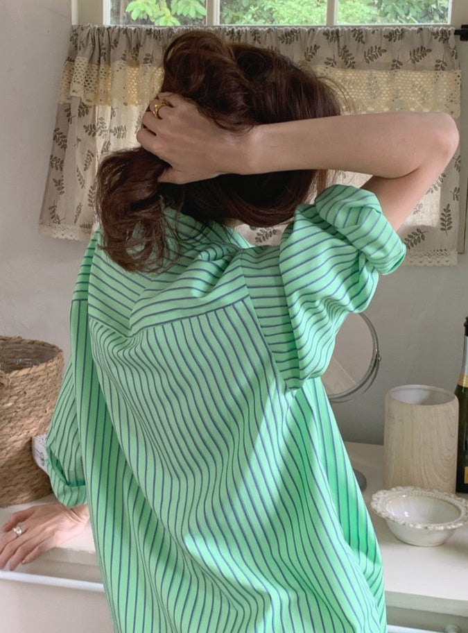 Spring Autumn Striped Blouses Long Sleeve Single-breasted Pocket Women Shirts Tops