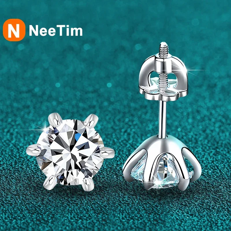 NeeTim 1ct 2ct Moissanite Screw Earrings for Women 925 Sterling Silver with Gold Plated Diamond Wedding Party Girl Stud Earrings