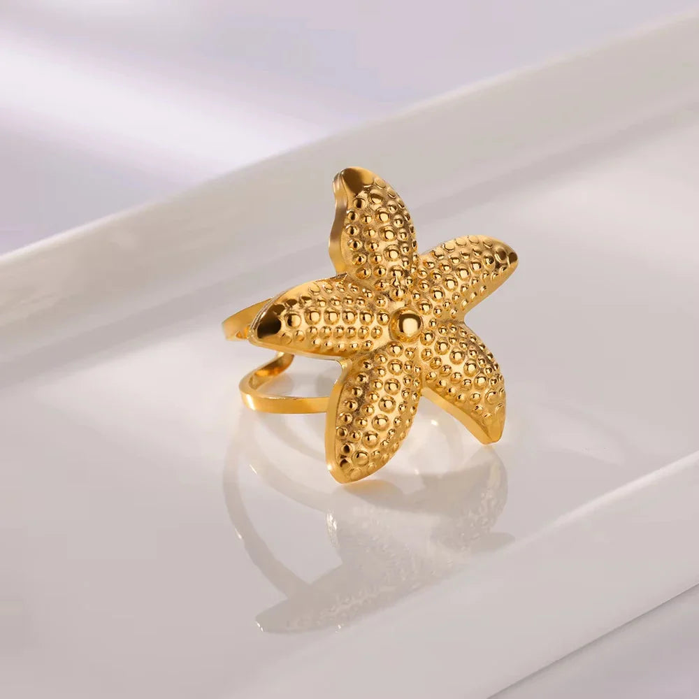 Starfish Shell Stainless Steel Open Rings For Women Fashion Gold Color Finger Ring Trendy Summer Beach Vacation Ocean Jewelry
