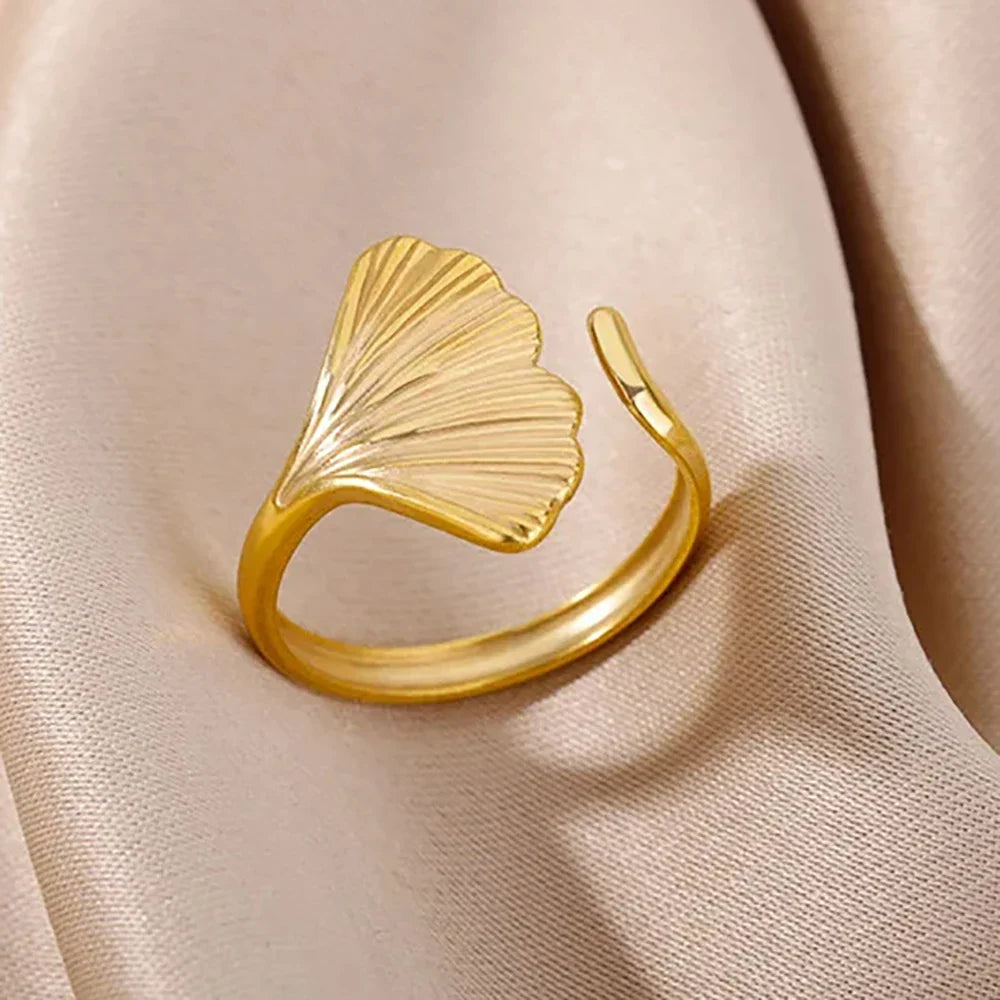 Stainless Steel Flower Rings for Women Gold Color Shell Starfish Multi Layer Hollow Out Ring Fashion Charm Jewelry Wedding Gifts