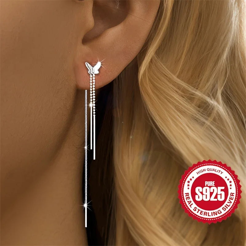 Pair of S925 Silver Butterfly Tassel Earrings for Ladies Low Allergy Sweet Girl Versatile Daily Accessory Perfect Gift for Women
