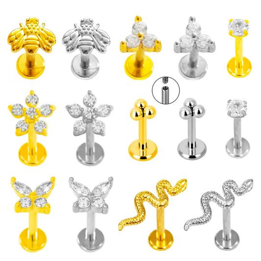 100% 316L Surgical Steel Flower Labret Piercing Butterfly Bee Tragus Snake Cartilage Helix Flat Back CZ Earrings Body Jewelry