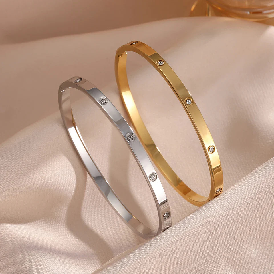 Yupsk 2 Pieces Stainless Steel Zirconia Tennis Bracelet Bangle Set Round Zircon CZ Aesthetic Women Jewelry Set Gift