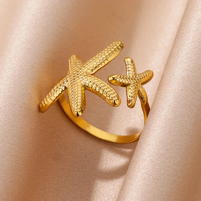 Starfish Shell Stainless Steel Open Rings For Women Fashion Gold Color Finger Ring Trendy Summer Beach Vacation Ocean Jewelry
