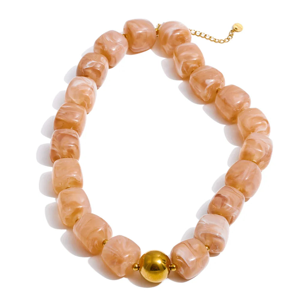 Yhpup Acrylic Square Beads Chain Necklace Bracelet Bangle Stainless Steel Handmade Jewelry Waterproof Green Khaki Pink Amber