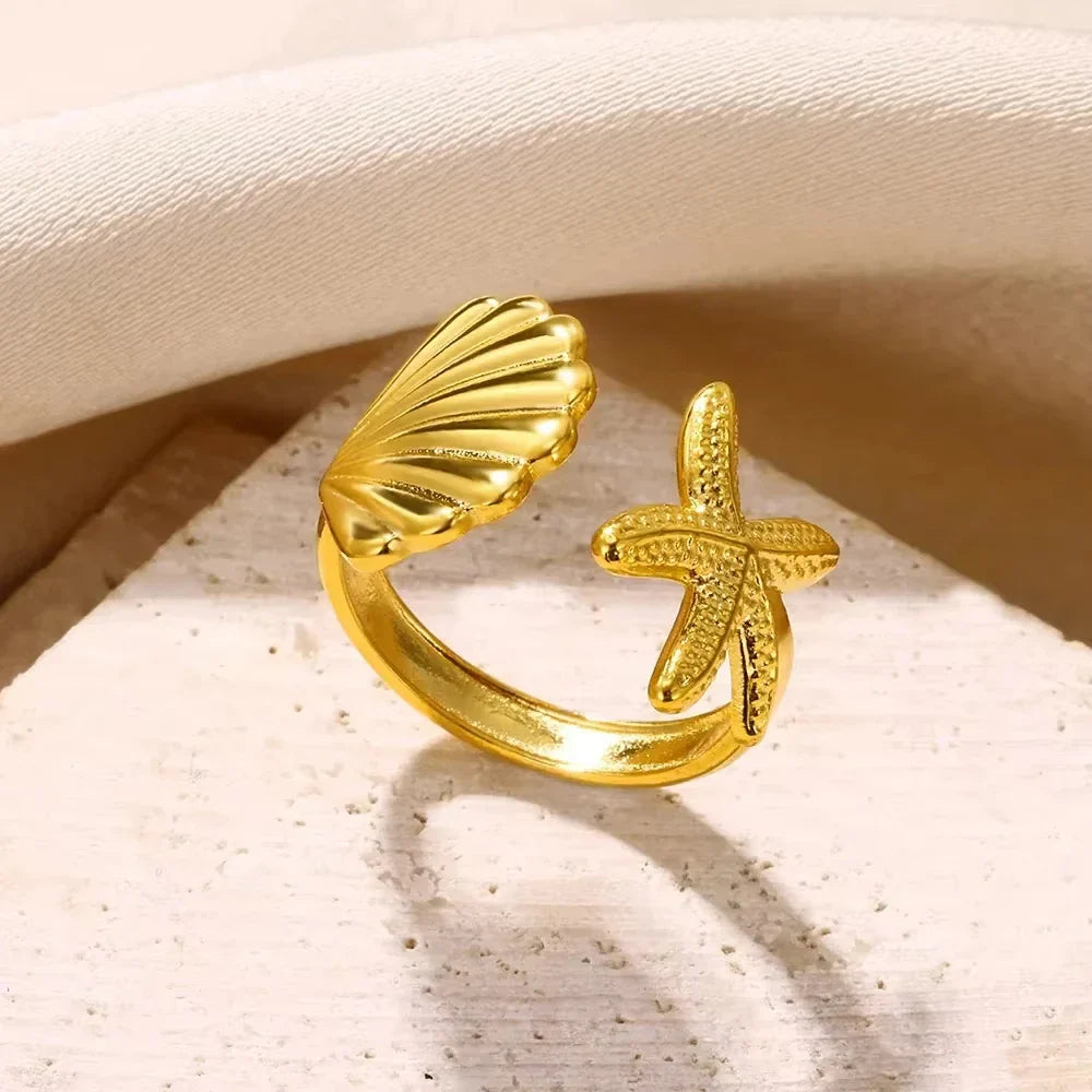 Starfish Shell Conch Stainless Steel Open Rings For Women Gold Color Adjustable Finger Ring Fashion Sea Vacation Jewelry Gifts