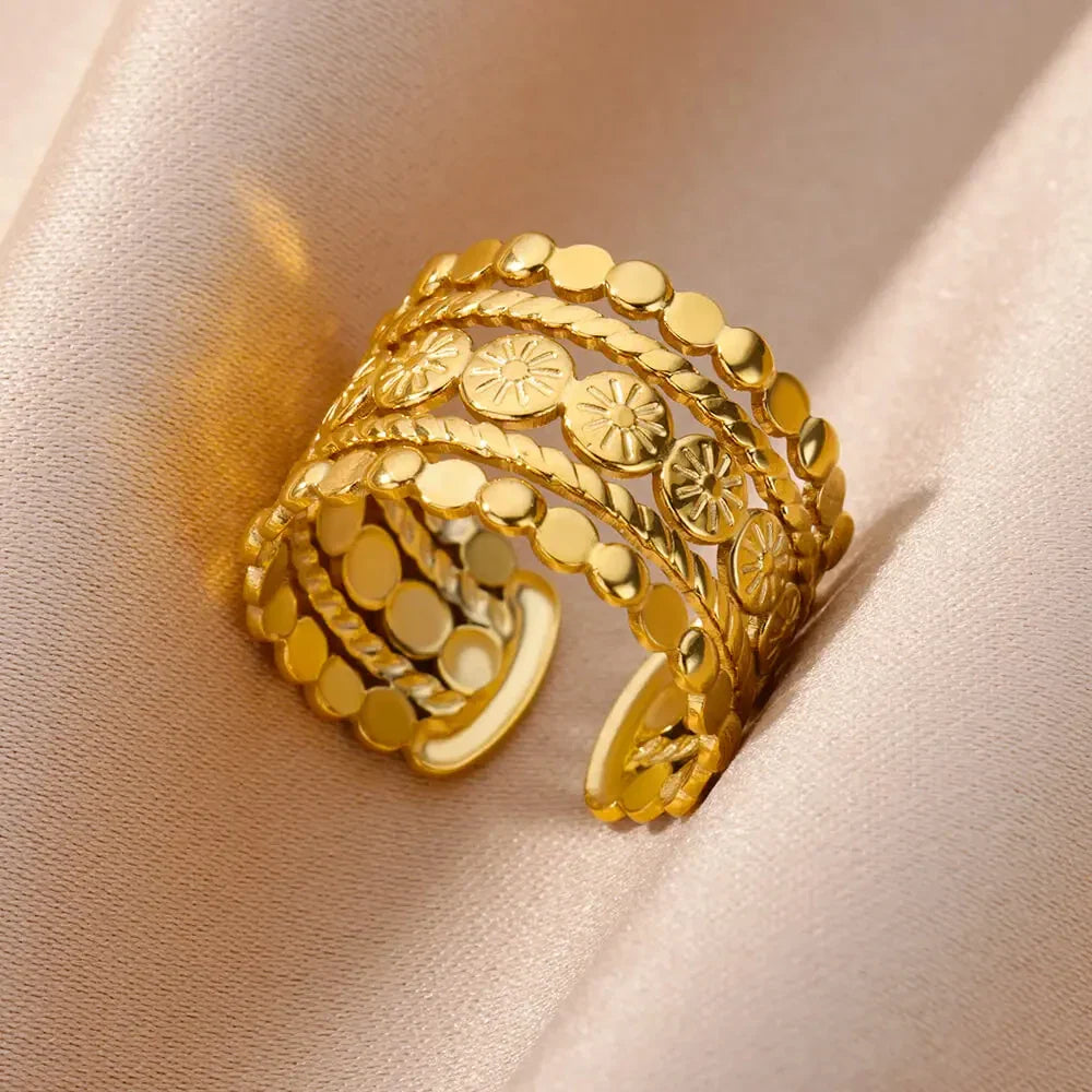 Stainless Steel Flower Rings for Women Gold Color Shell Starfish Multi Layer Hollow Out Ring Fashion Charm Jewelry Wedding Gifts