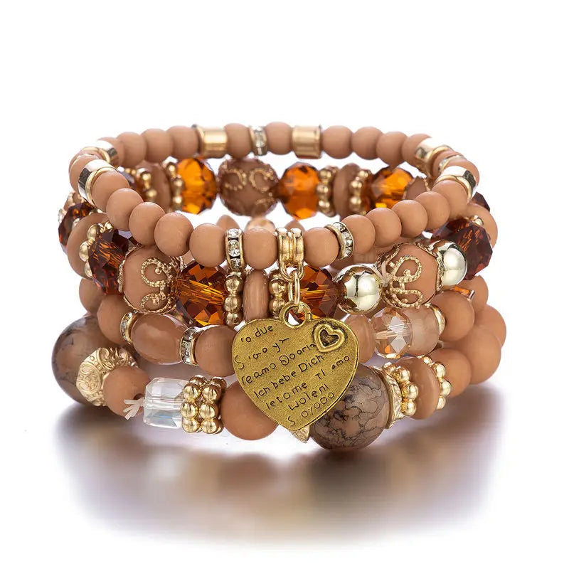 4Pcs Boho Crystal Beads Chain Bracelet Set For Women Vintage Heart Charm Elastic Bangle Female Fashion Party Jewelry