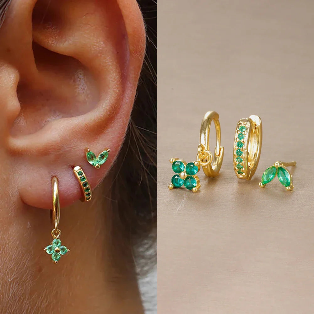 3PCS Trendy Stainless Steel Flower Drop Earring Set For Women Crystal Zirconia Dangle Earring Hypoallerg Piercing Jewelry aretes