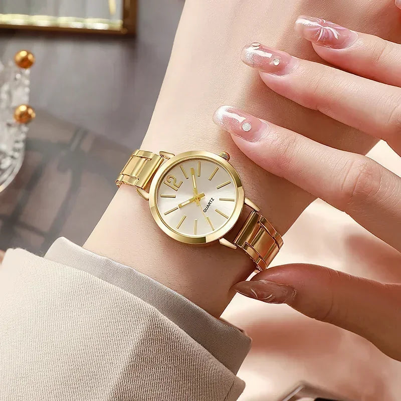 Relógio de pulso de quartzo redondo simples para mulheres, moda inoxidável, pulseira de ouro, relógios femininos, luxo,
