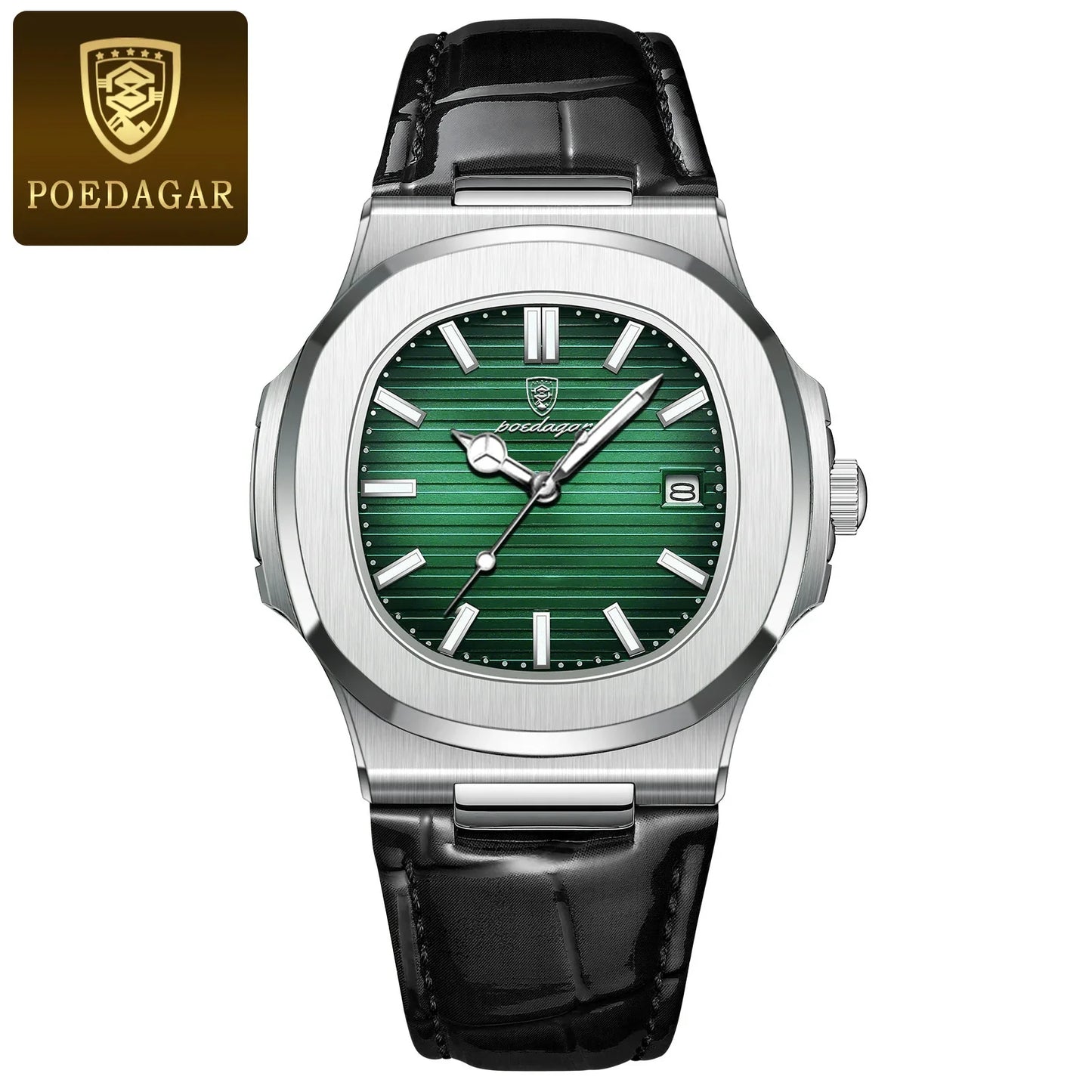 POEDAGAR Fashion Square Men's Watch Waterproof Luminous Date Business Man Wristwatch Casual Leather Quartz Watches For Men Reloj