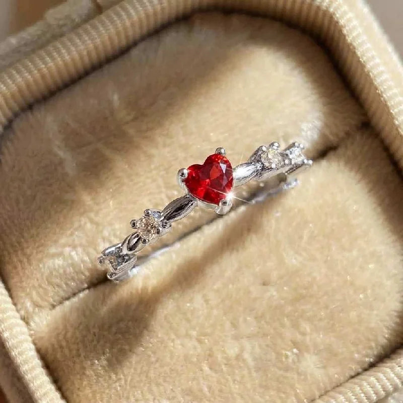 925 Sterling Silve Plated 18K Gold Zircon Red Love Heart Rings for Women Party Wedding High Quality Vintage Fine Jewelry