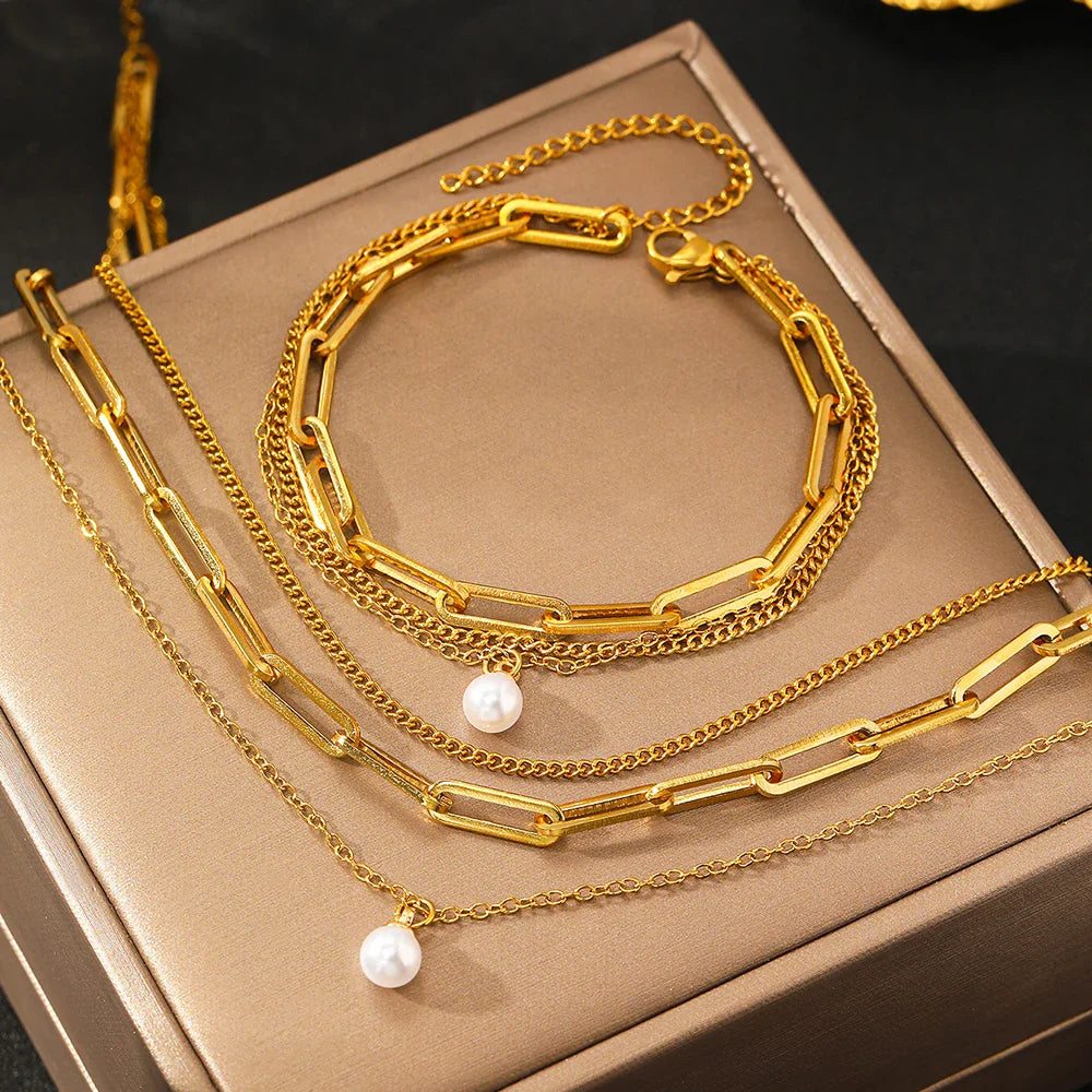 Aomogo Stainless Steel Jewelry Set Delicate Pearl Pendant Jewelry Set Luxury Multi-Layer Chain Jewelry Set For Women Jewelry