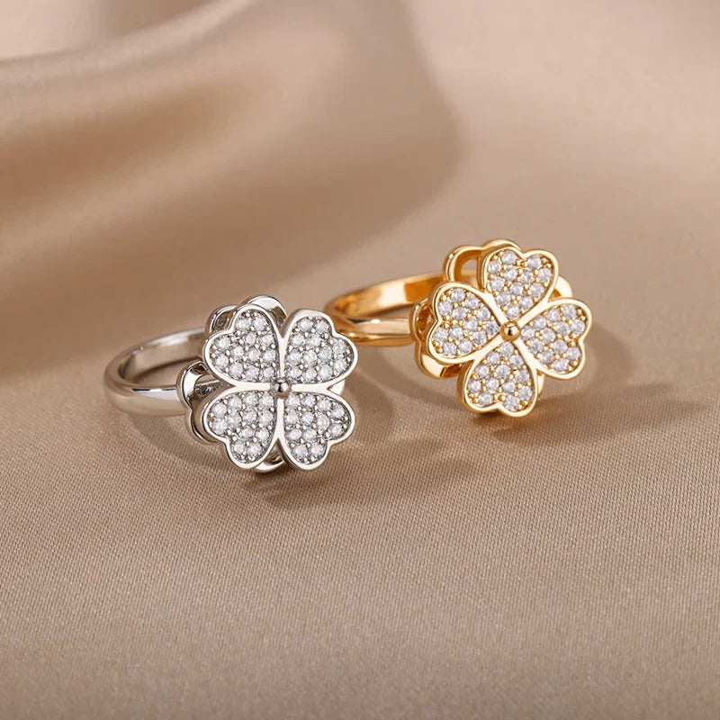 Zircon Rotatable Four Leaf Clover Anxiety Rings For Women Stainless Steel Anti-Stress Fidget Spinner Ring Aesthetic Jewelry Gift