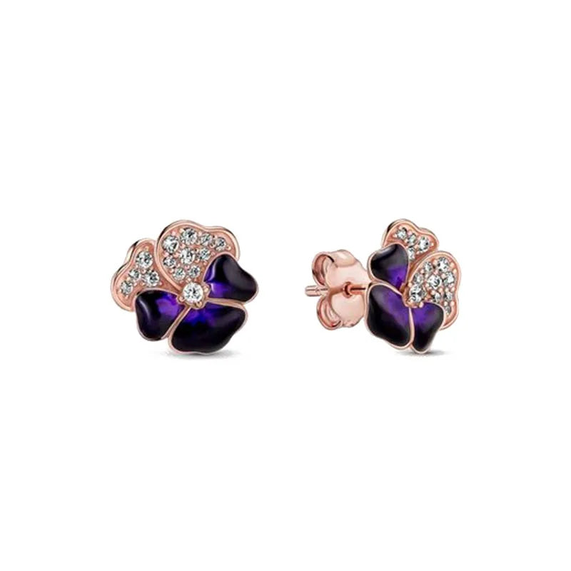 Rose Gold Color 925 Silver Sterling Flower Stud Earrings, Fit Women's Festival Christmas Charm Jewelry Gifts