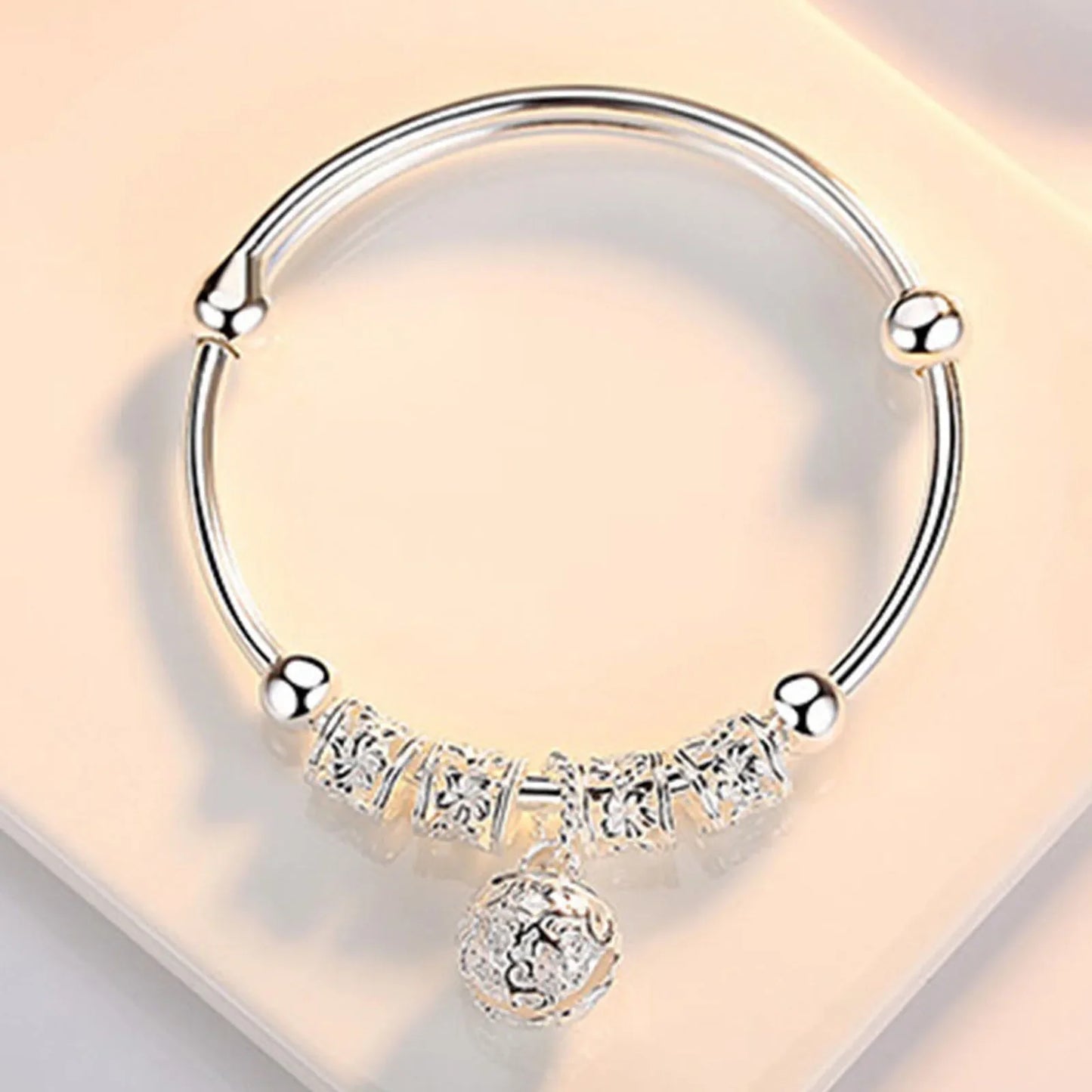 Fine Silver Color Hollow Bells Ball Bangles Adjustable Bracelets for Women Fashion Holiday Gifts Party Wedding Jewelry