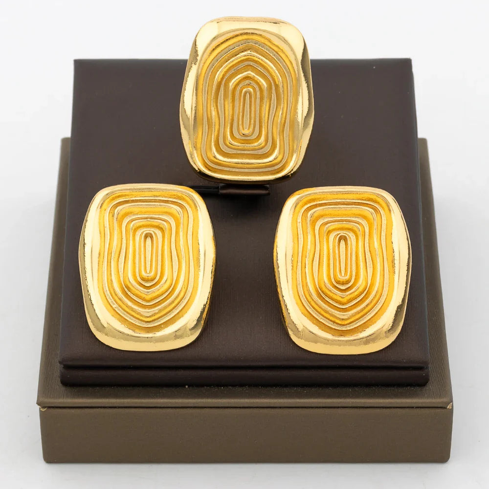 Fashion Earrings Jewelry for Women 18k Gold Plated Clip Earrings and Finger Ring Party Gift for African Dubai Copper Jewelry Set